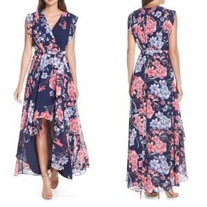 Eliza J Navy Floral Wrap High Low Maxi Dress Romantic Wedding Guest Flowy garden